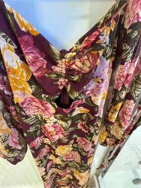 Floral Maroon Maxi Dress with Mustard and Pink Blooms